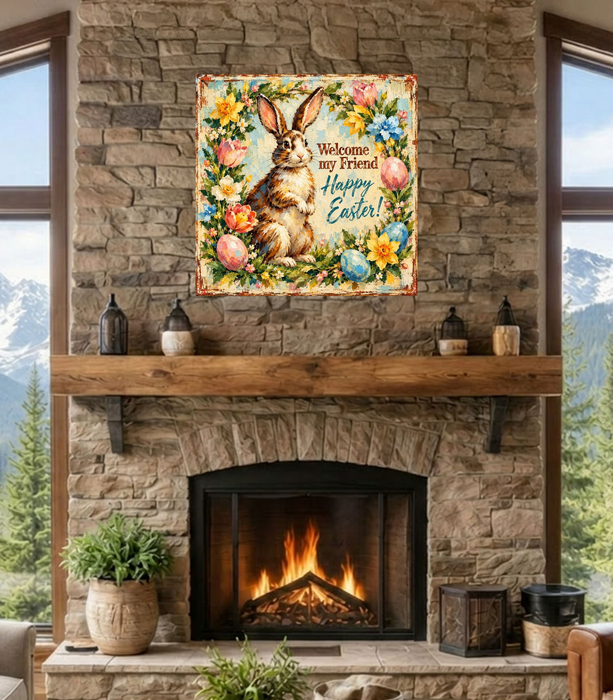 Vintage Welcome My Friend Easter Bunny| Giclee Prints, Canvas, Wood, or Metal Art