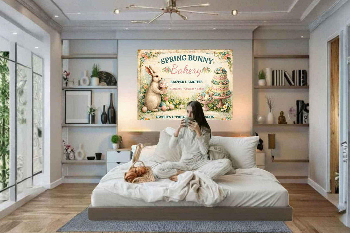 Spring Bunny Bakery Sign With Treats| Prints, Canvas, Wood, or Metal Art