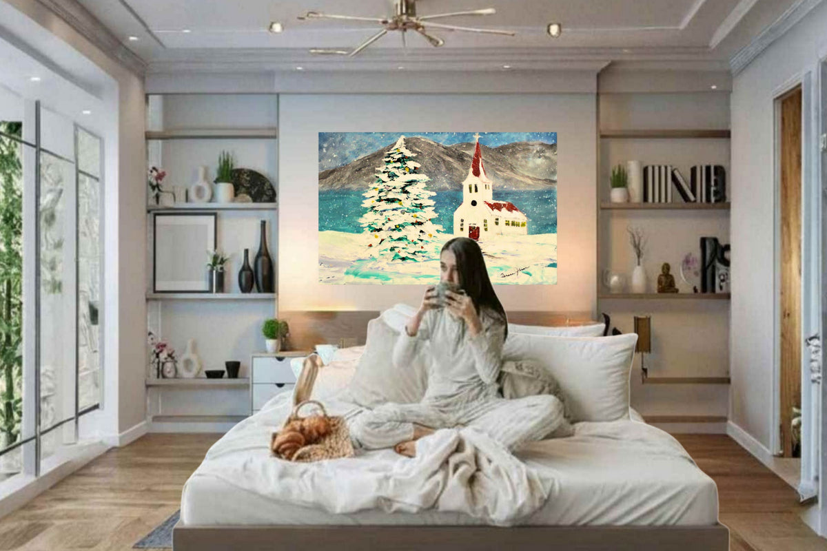 Church In the Rockies| Christmas Tree in Snow art| Giclee Paper- Wood- Metal- Canvas