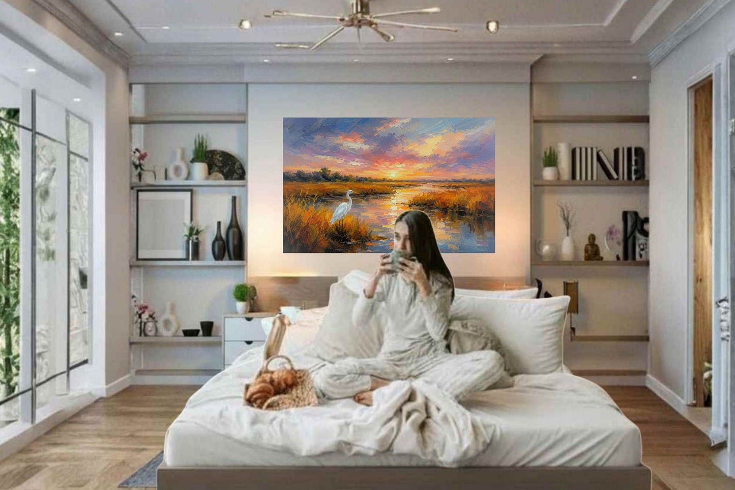 White Egret among the Reeds |Coastal Print| Shores Art | Florida River |Life in Tropical Area| Stream Art |Giclee Paper- Wood- Metal- Canvas