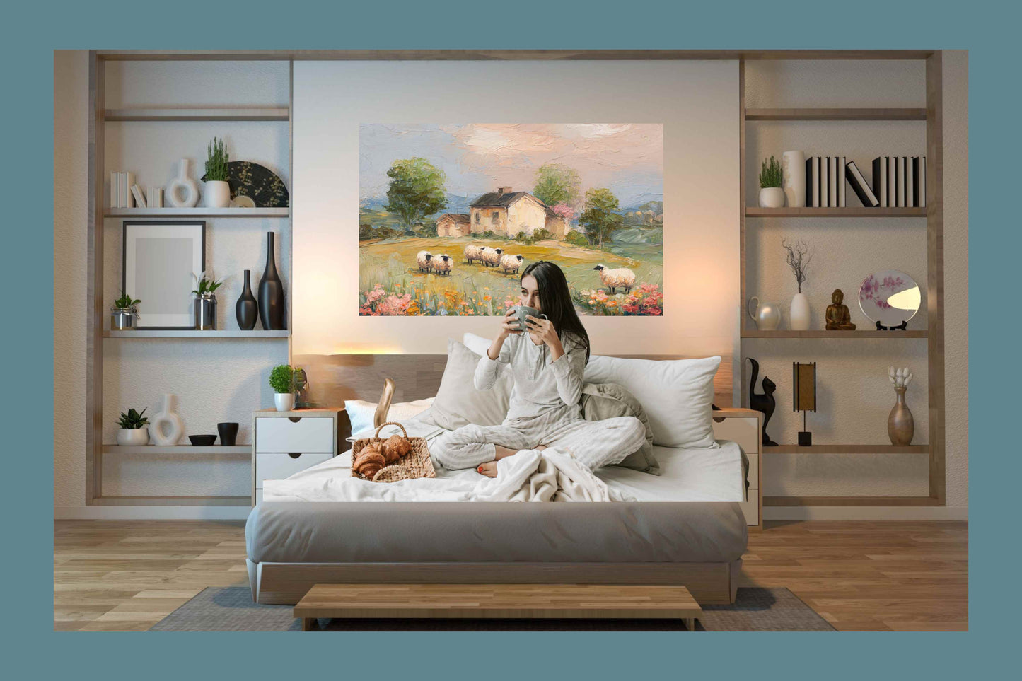 Cotswolds Sheep Farm – Impressionist English Countryside Painting, Sheep & Wildflowers Wall Art, Giclée on Canvas, Wood, Metal & Fine Art Paper