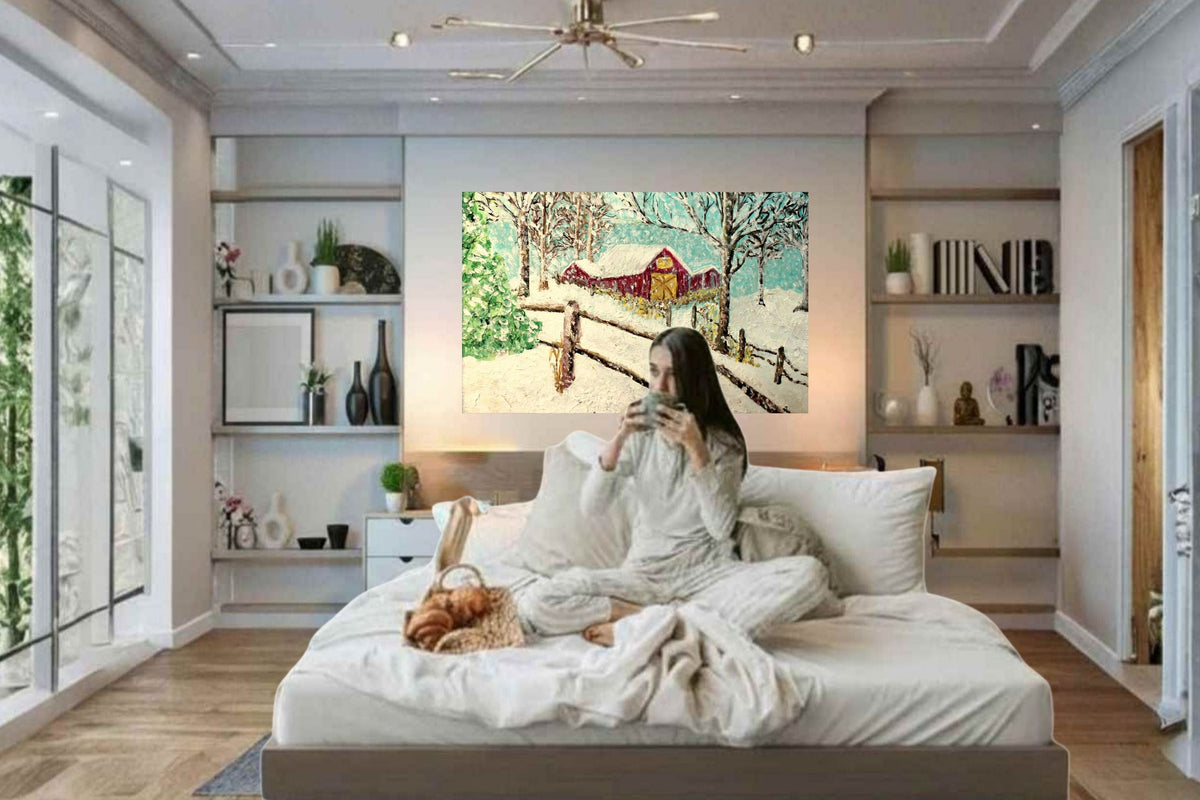 Snowy Christmas Morning| Merry Christmas Art| Vintage Look Farm Barn| Giclee Paper- Wood- Metal- Canvas