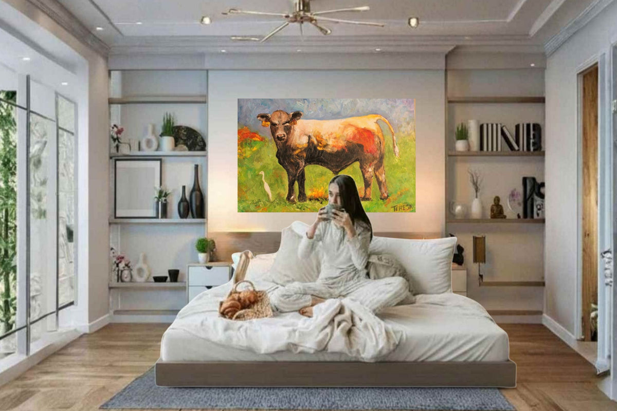 White Egret and the Bull|Cattle Farm| Animal Art| Giclee Paper- Wood- Metal- Canvas
