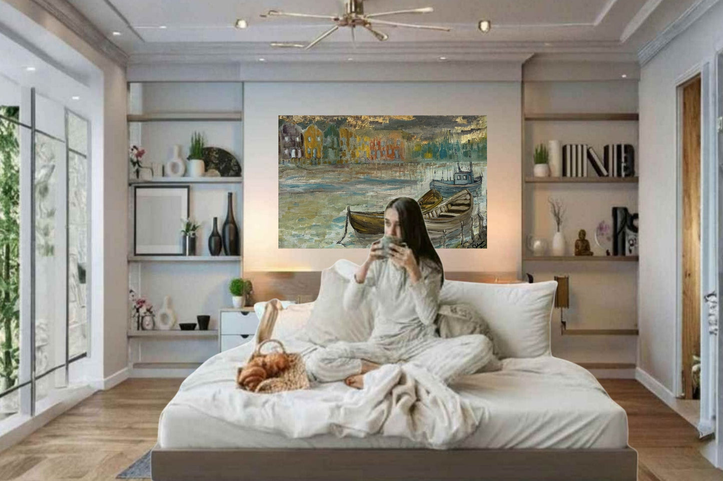 Rainy Harbor | Original Teresa Johnson Coastal Harbor Painting | Fishing Boats & Waterfront Village | Giclée Paper • Wood • Metal • Canvas