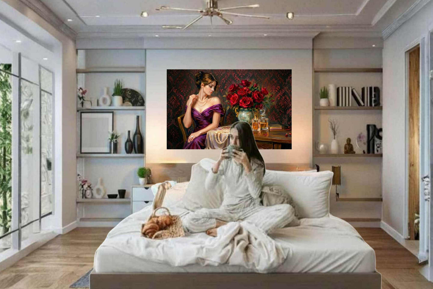 Lady of the Crimson Roses | Elegant Woman Portrait | Vintage Victorian Wall Art | Romantic Floral Giclée Print | Elegant Woman with Roses | Vintage Portrait Wall Art | Romantic Victorian Decor | Giclée Print on Paper, Canvas, Wood & Metal