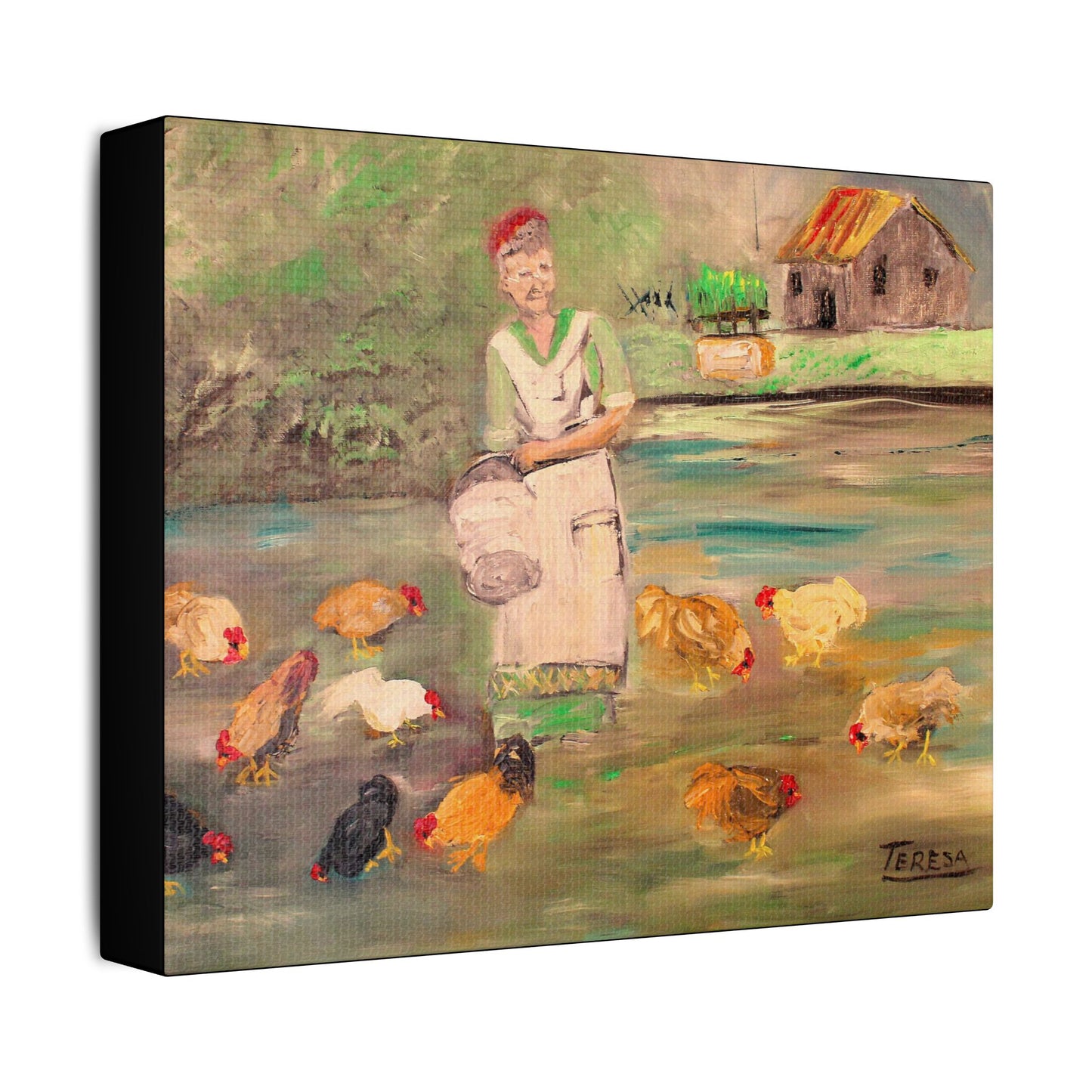 Feeding the Chickens - Art- Gallery Wrapped- Satin Stretched Canvas Gallery Wraps - No Frame Needed