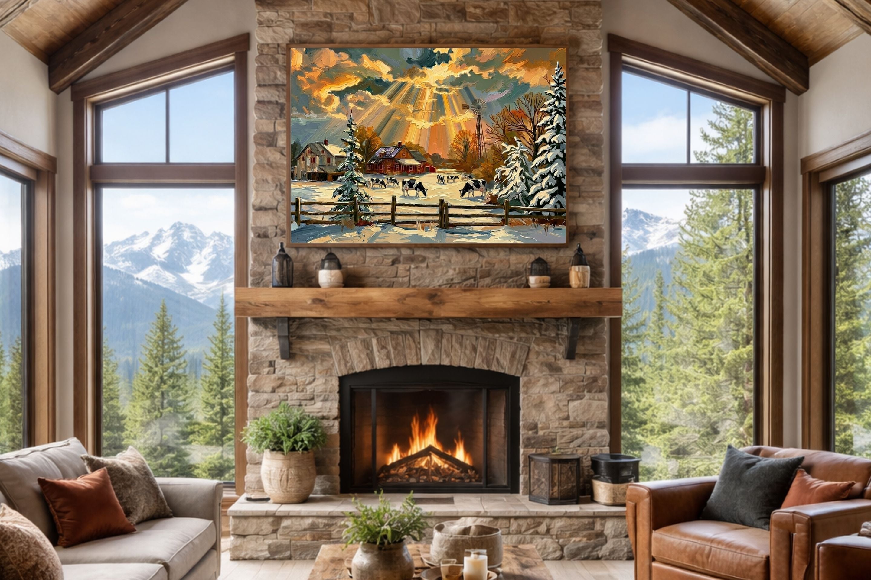 Winter Farm | Farmhouse Print| Snow Covered Ranch | Winter Art | Giclée Paper • Wood • Metal • Canvas