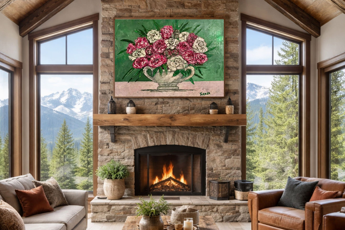 Garden's Best Arrangement | Original Teresa Johnson Floral Painting | Pink & White Roses in Vintage Pitcher | Giclée Paper • Wood • Metal • Canvas