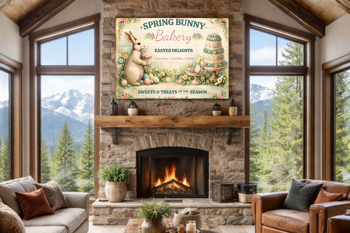 Spring Bunny Bakery Sign With Treats| Prints, Canvas, Wood, or Metal Art