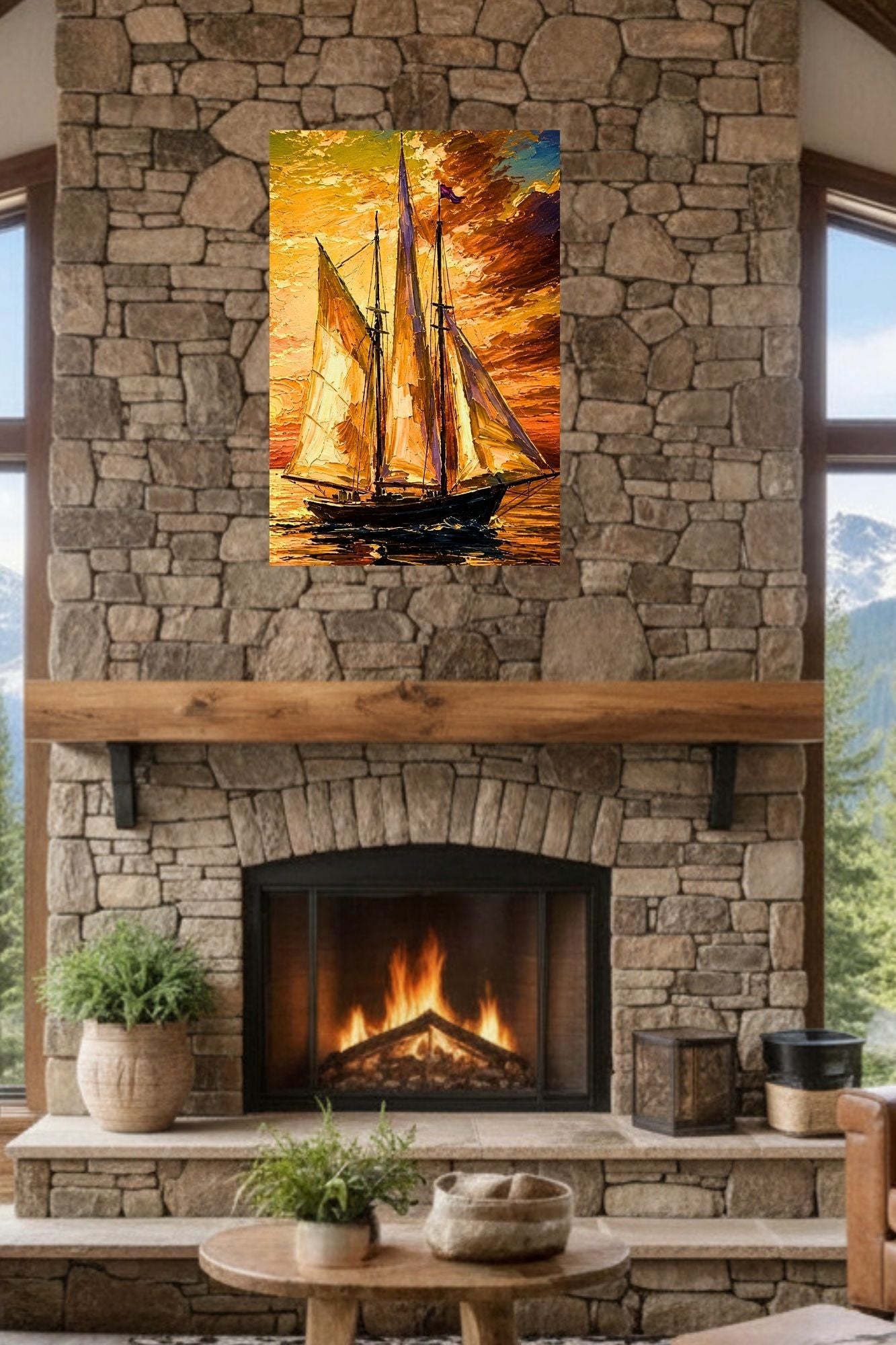Golden Evening Voyage | Impressionist Sailboat Sunset Wall Art | Coastal Ocean Painting | Giclée Print on Paper, Canvas, Wood & Metal