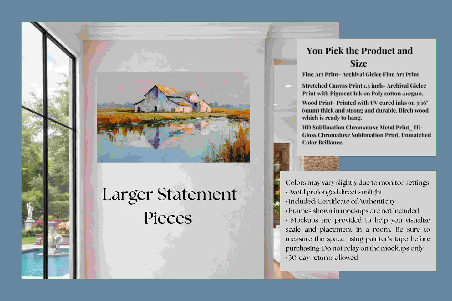 Still Water Farm – Impressionist Barn Reflection Painting, Farmhouse Wall Art, Giclée on Canvas, Wood, Metal & Fine Art Paper