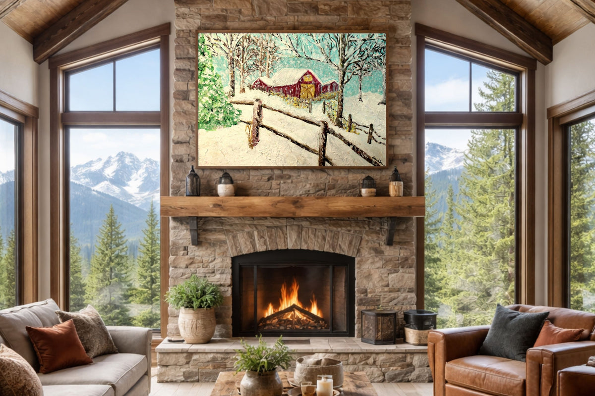 Snowy Christmas Morning| Merry Christmas Art| Vintage Look Farm Barn| Giclee Paper- Wood- Metal- Canvas