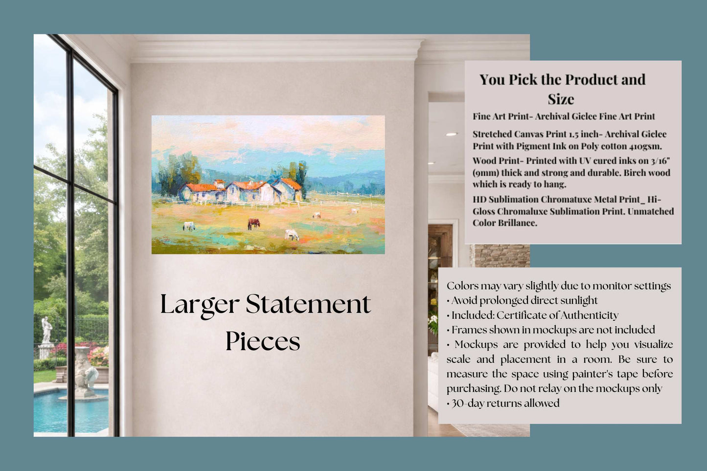 Tuscan Horse Farm at Dusk – Impressionist Landscape Print, Equestrian Wall Art, Giclée on Canvas, Wood, Metal & Fine Art Paper