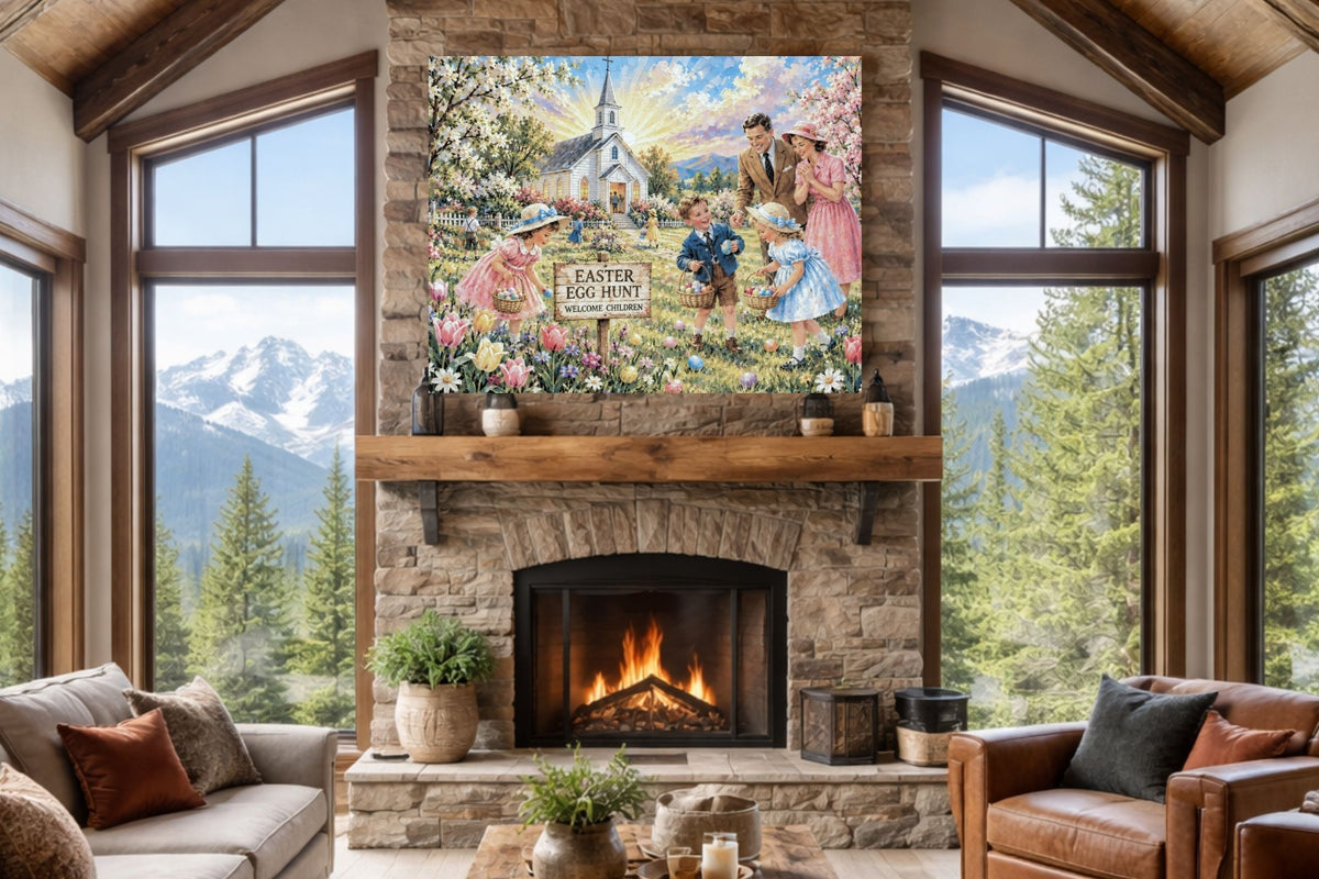 Easter Egg Hunt At the Country Church | Giclee Paper, Prints, Canvas, Wood, or Metal Art