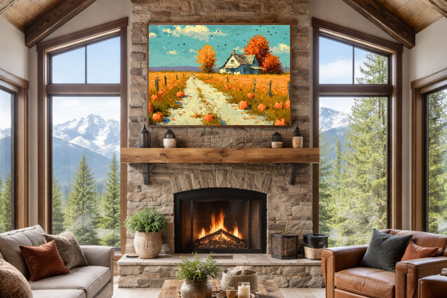 Autumn Farm Road | Fall Farmhouse Landscape Art | Pumpkin Patch Decor | Giclee Paper • Wood • Metal • Canvas