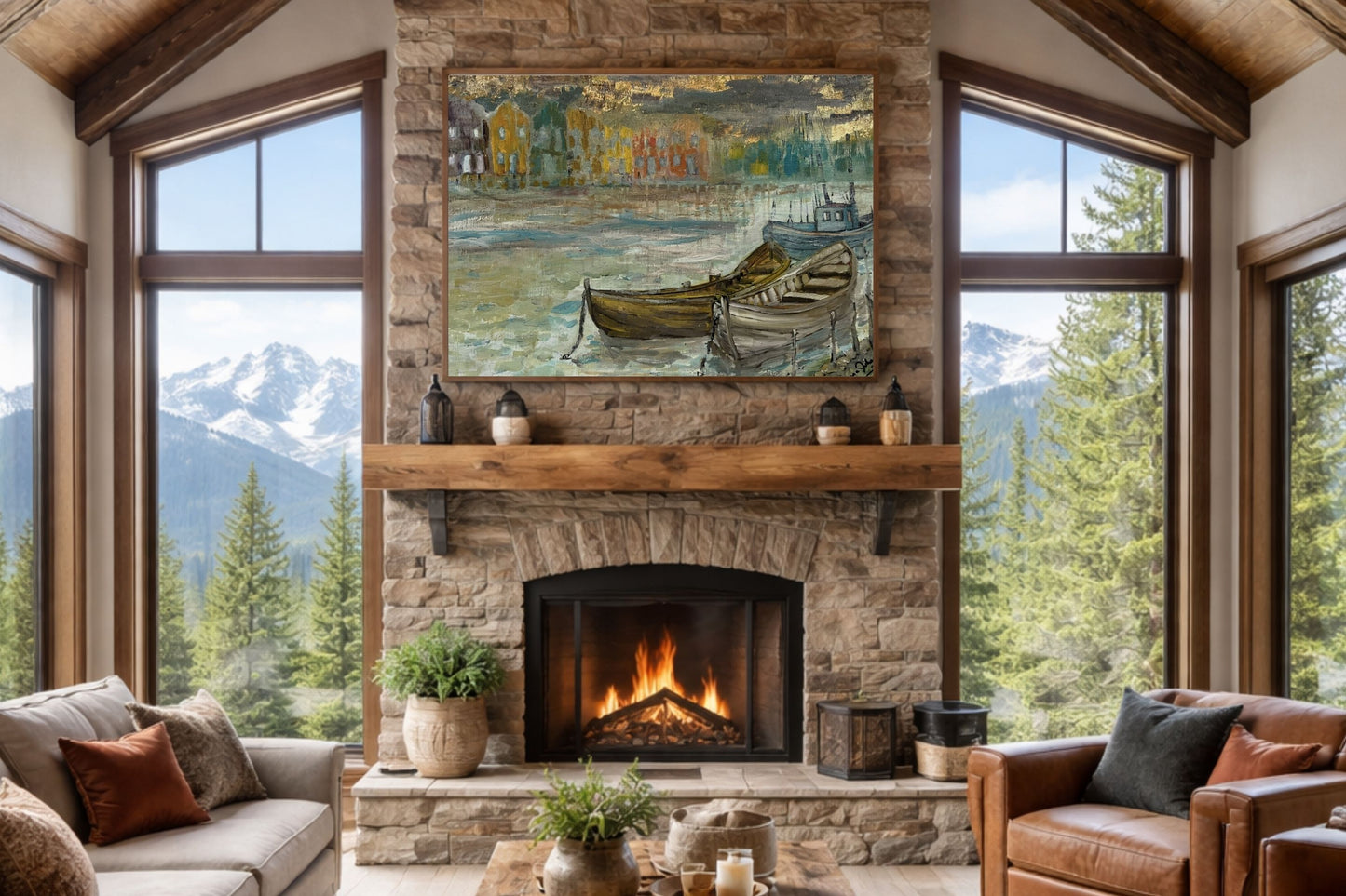 Rainy Harbor | Original Teresa Johnson Coastal Harbor Painting | Fishing Boats & Waterfront Village | Giclée Paper • Wood • Metal • Canvas