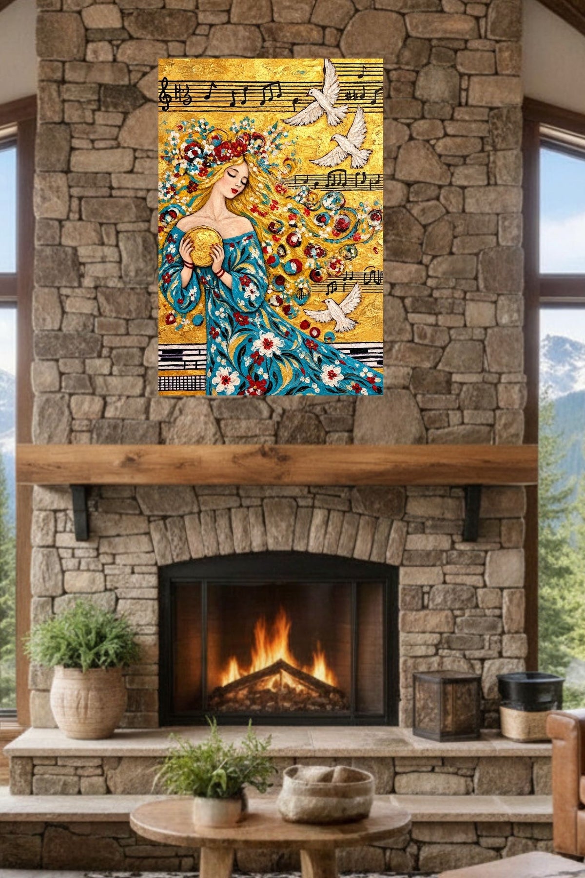Carol’s Golden Song | Heavenly Inspired Music Art | Woman and Dove Wall Art | Giclée Paper, Canvas, Wood or Metal
