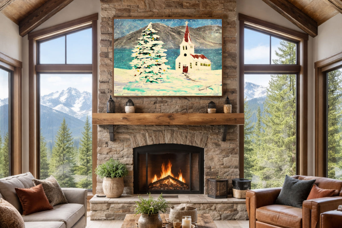 Church In the Rockies| Christmas Tree in Snow art| Giclee Paper- Wood- Metal- Canvas