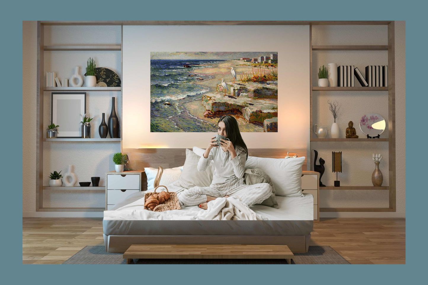 Coastal Herons – Impressionist Beach Painting, Shorebirds at the Surf, Coastal Wall Art, Giclée on Canvas, Wood, Metal & Fine Art Paper