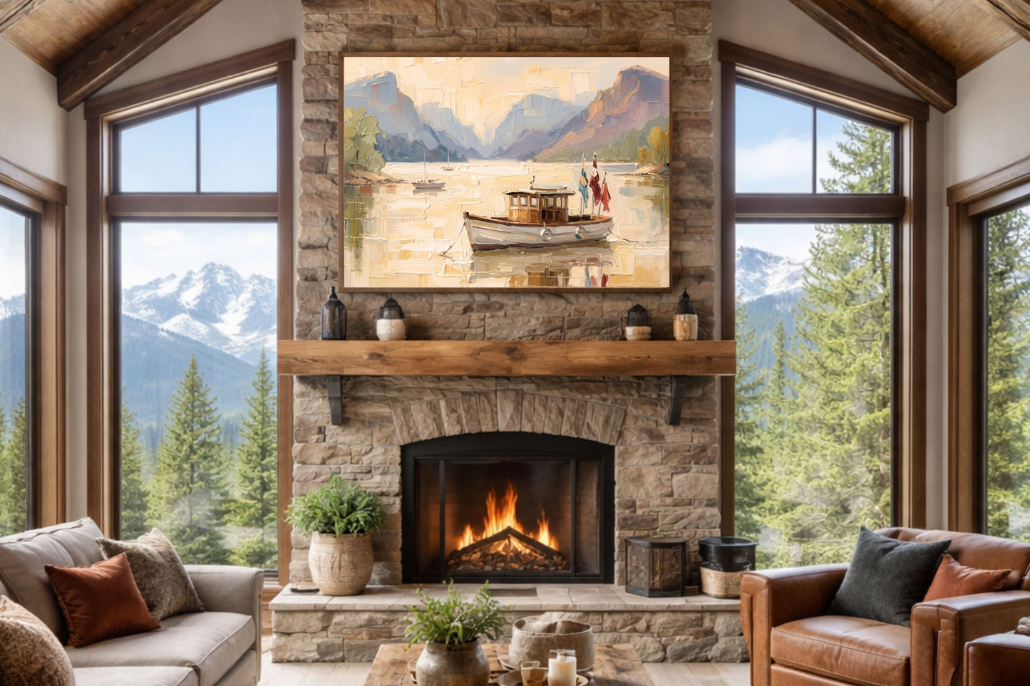 Silent Morning | Mountain Lake Boat Art Print | Impressionist Landscape | Coastal Cabin Decor | Giclée on Paper, Canvas, Wood & Metal