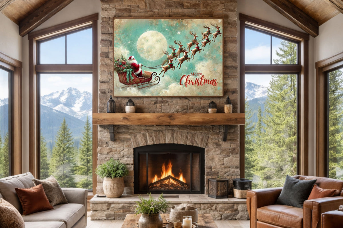 Merry Christmas to All| Santa in his Sleigh Holiday art| Prints and Canvas-Giclee Paper- Wood- Metal