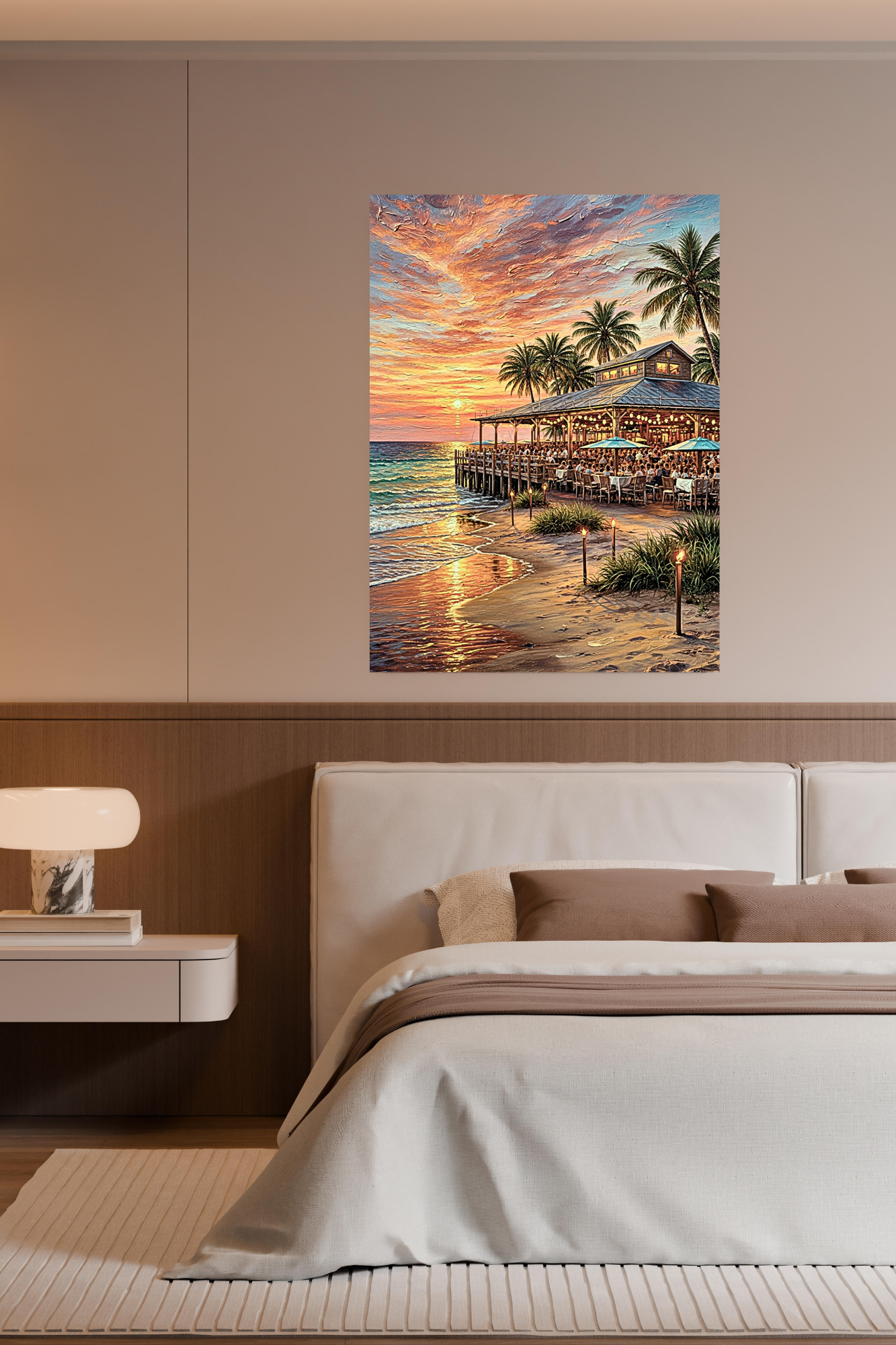 Beachside Dining At Sunset| Coastal Print| Vacation Art| Ocean Beach Print| Travel Poster| Giclee Paper- Wood- Metal- Canvas