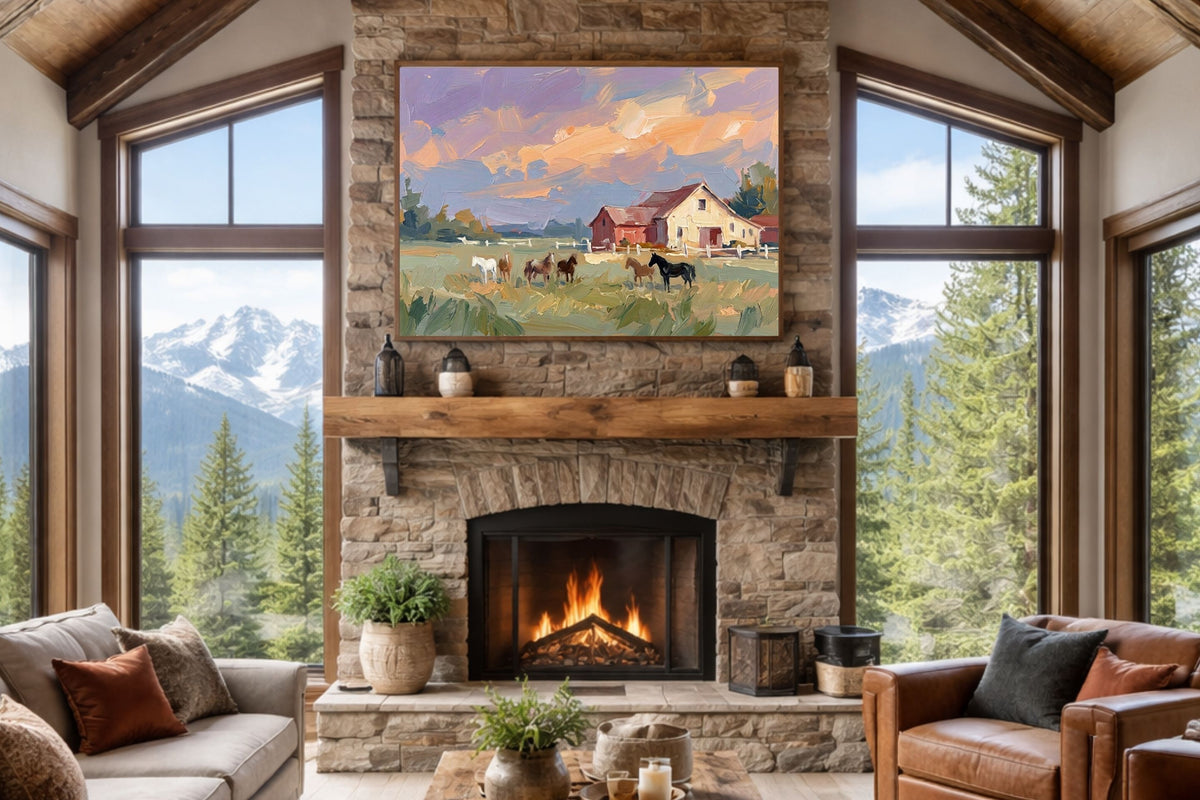 Spring Morning Stables |Pastel Impressionist Print| Horse Farm Print| Equestrian Wall Art| Giclée on Canvas, Wood, Metal, Fine Art Paper