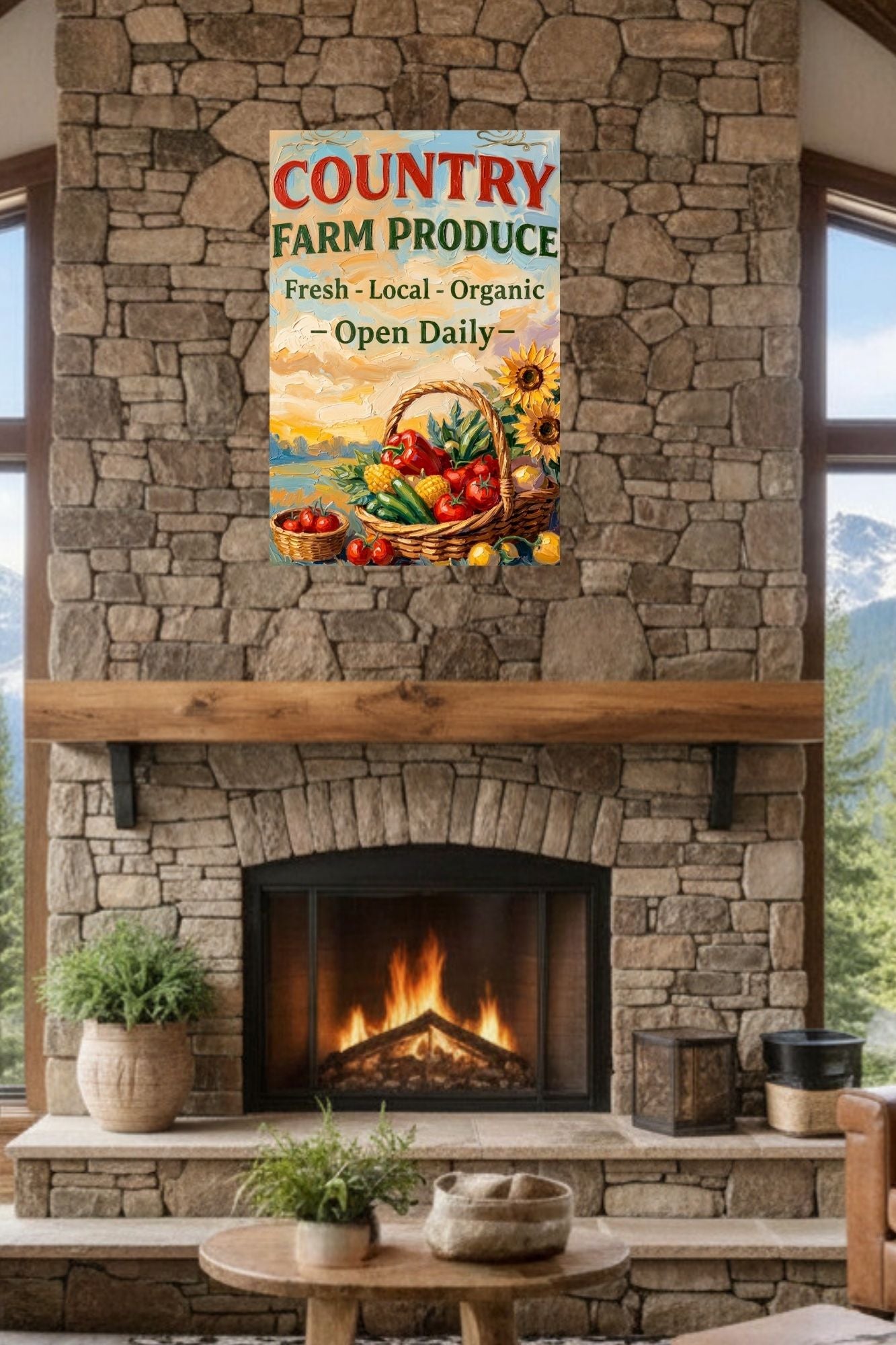 Country Farm Produce Sign | Fresh Local Organic Farm Market Wall Art | Rustic Farmhouse Kitchen Decor | Canvas, Wood, Metal &amp; Giclée Print