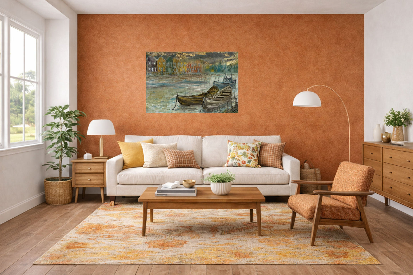 Rainy Harbor Acrylic Fishing boat Impressionist Wall Art | Original Coastal Acrylic Painting| Rainy Harbor (8x10x .5-inch) | Teresa Johnson