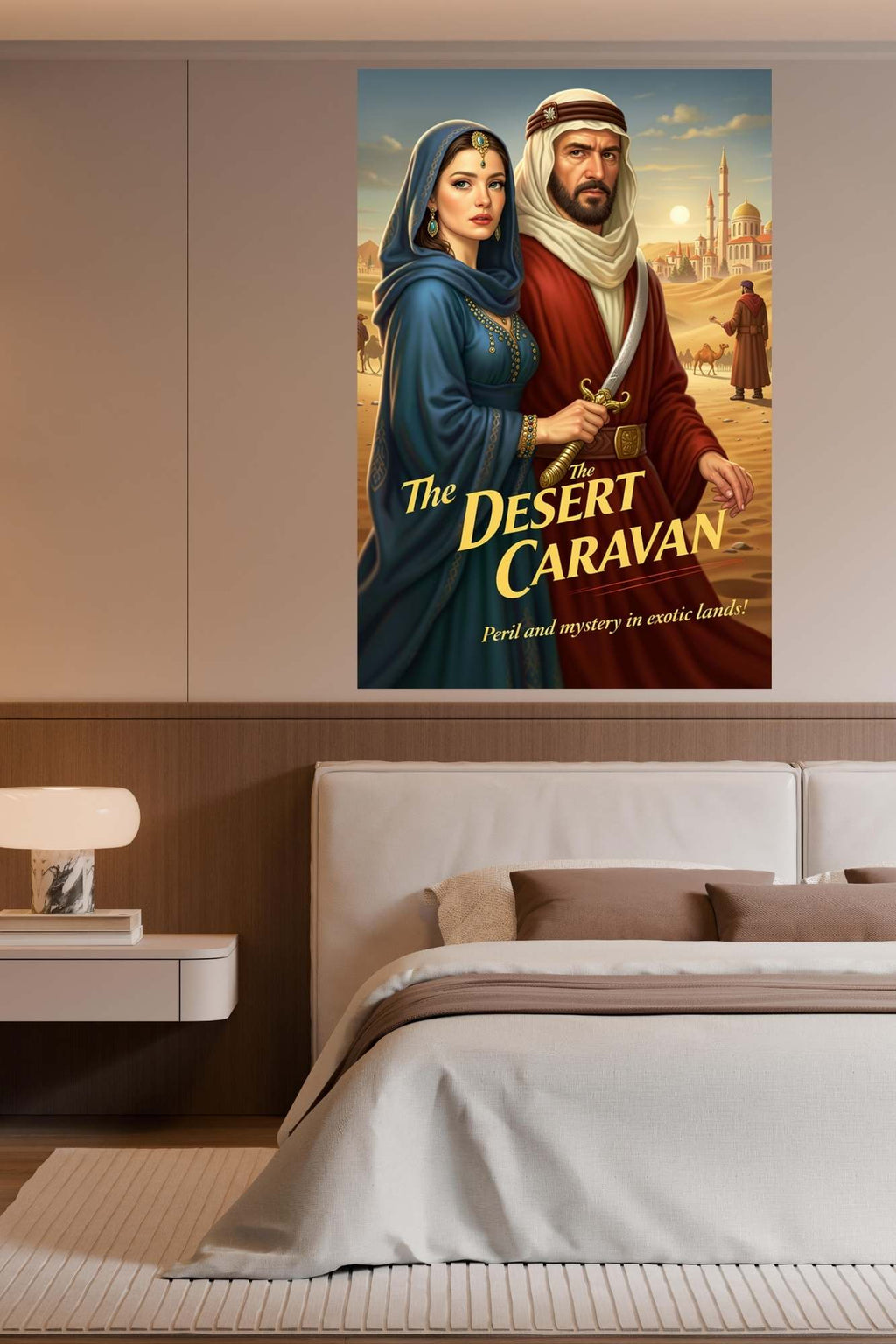 Desert Caravan Under Twilight Skies| Romantic And Danger In The Desert Art| Giclee Paper- Wood- Metal- Canvas