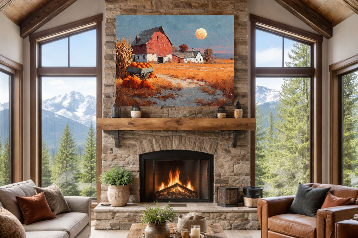 Harvest Moon at the Old Red Barn | Autumn Farmhouse Art | Prints, Canvas, Wood, or Metal