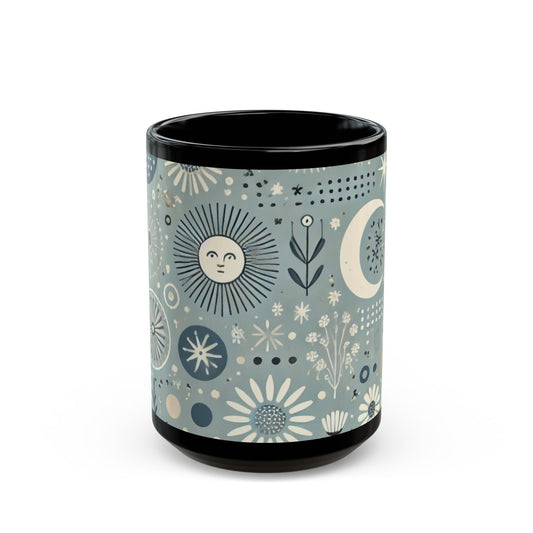 Sun, Moon, and Flowers - 11 oz or 15 oz Ceramic Black Mugs