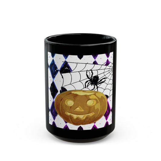 Scary Halloween Pumpkin and Spider - 11 oz or 15 oz Ceramic Black Mugs