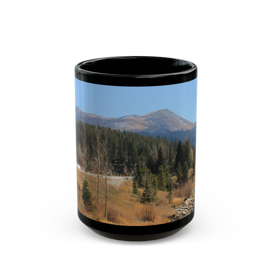 "Rocky Mountain View" - 11 oz or 15 oz Ceramic Black Mugs