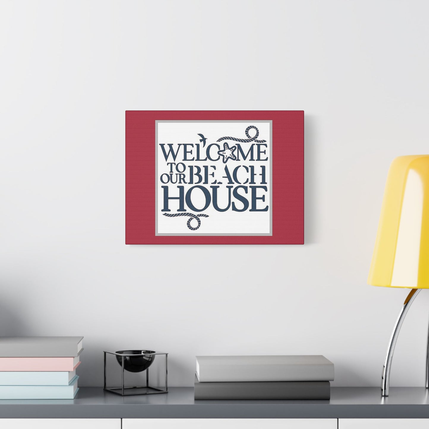 Welcome to Our Beach House-Red Background - Art- Gallery Wrapped- Satin Stretched Canvas Gallery Wraps - No Frame Needed