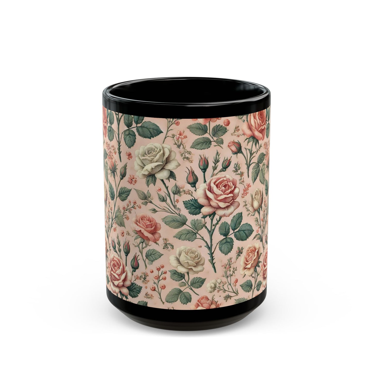 Shabby Chic Pink Roses- 11 oz or 15 oz Ceramic Black Mugs