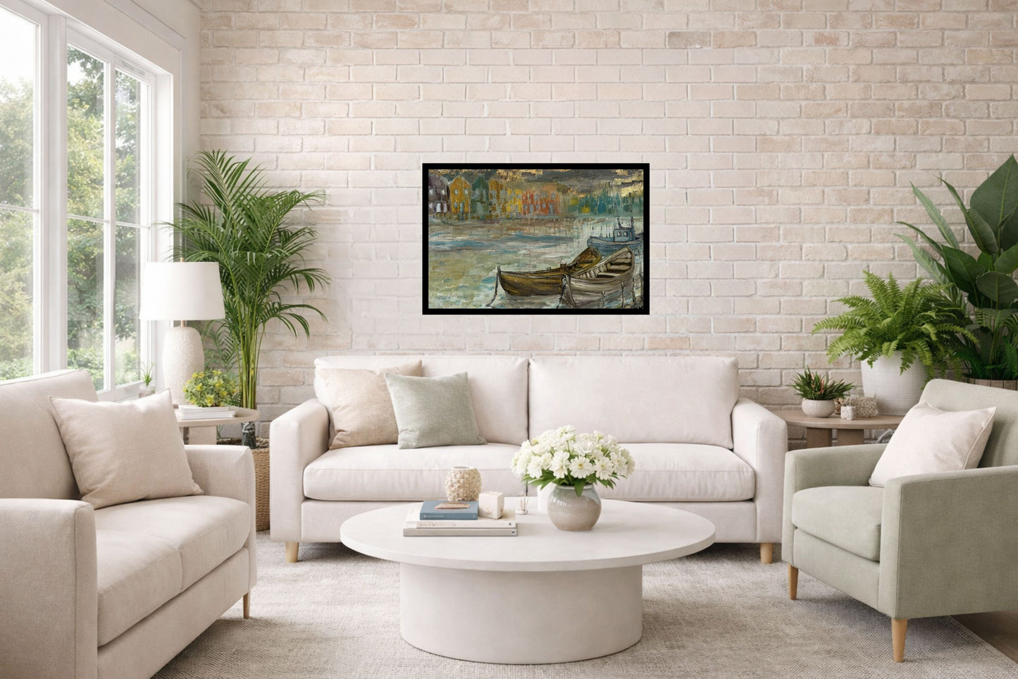 Rainy Harbor Acrylic Fishing boat Impressionist Wall Art | Original Coastal Acrylic Painting| Rainy Harbor (8x10x .5-inch) | Teresa Johnson
