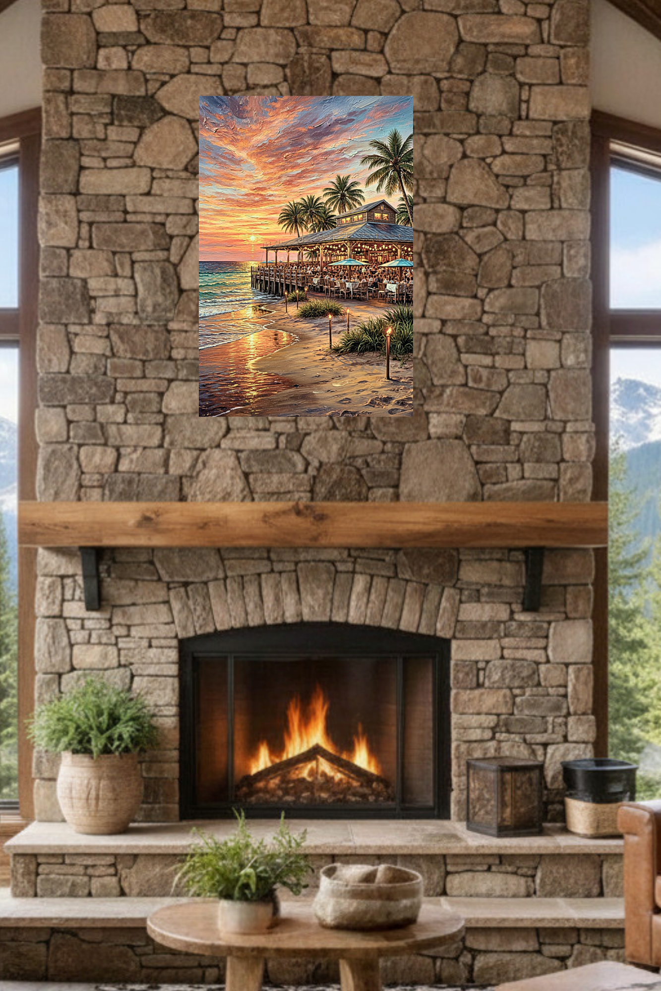 Beachside Dining At Sunset| Coastal Print| Vacation Art| Ocean Beach Print| Travel Poster| Giclee Paper- Wood- Metal- Canvas