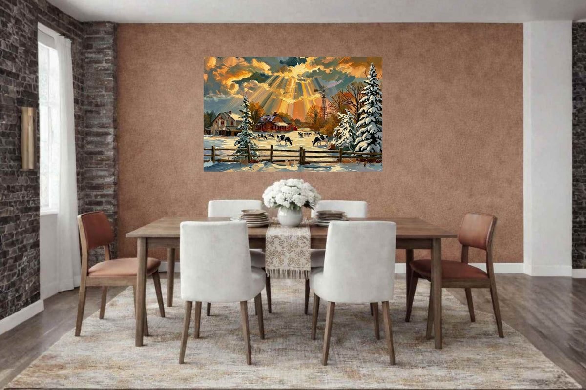 Winter Farm | Farmhouse Print| Snow Covered Ranch | Winter Art | Giclée Paper • Wood • Metal • Canvas