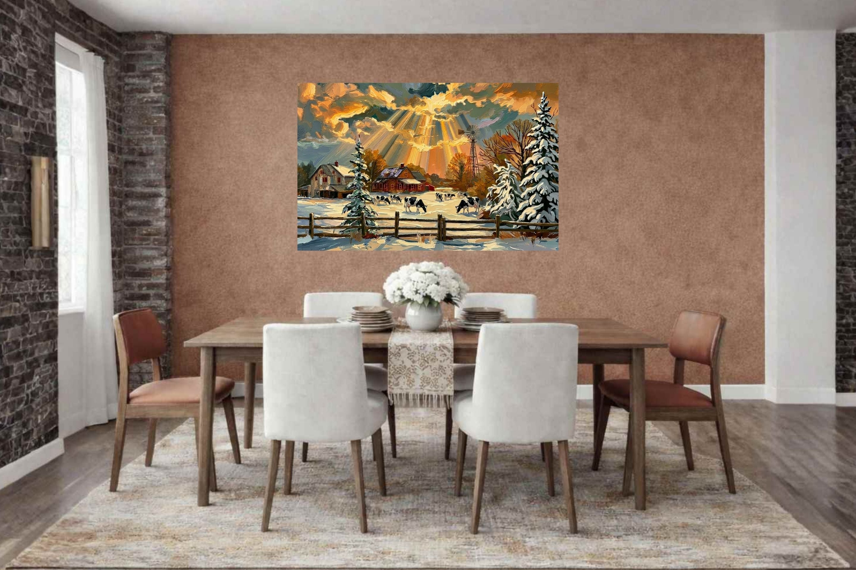 Winter Farm | Farmhouse Print| Snow Covered Ranch | Winter Art | Giclée Paper • Wood • Metal • Canvas