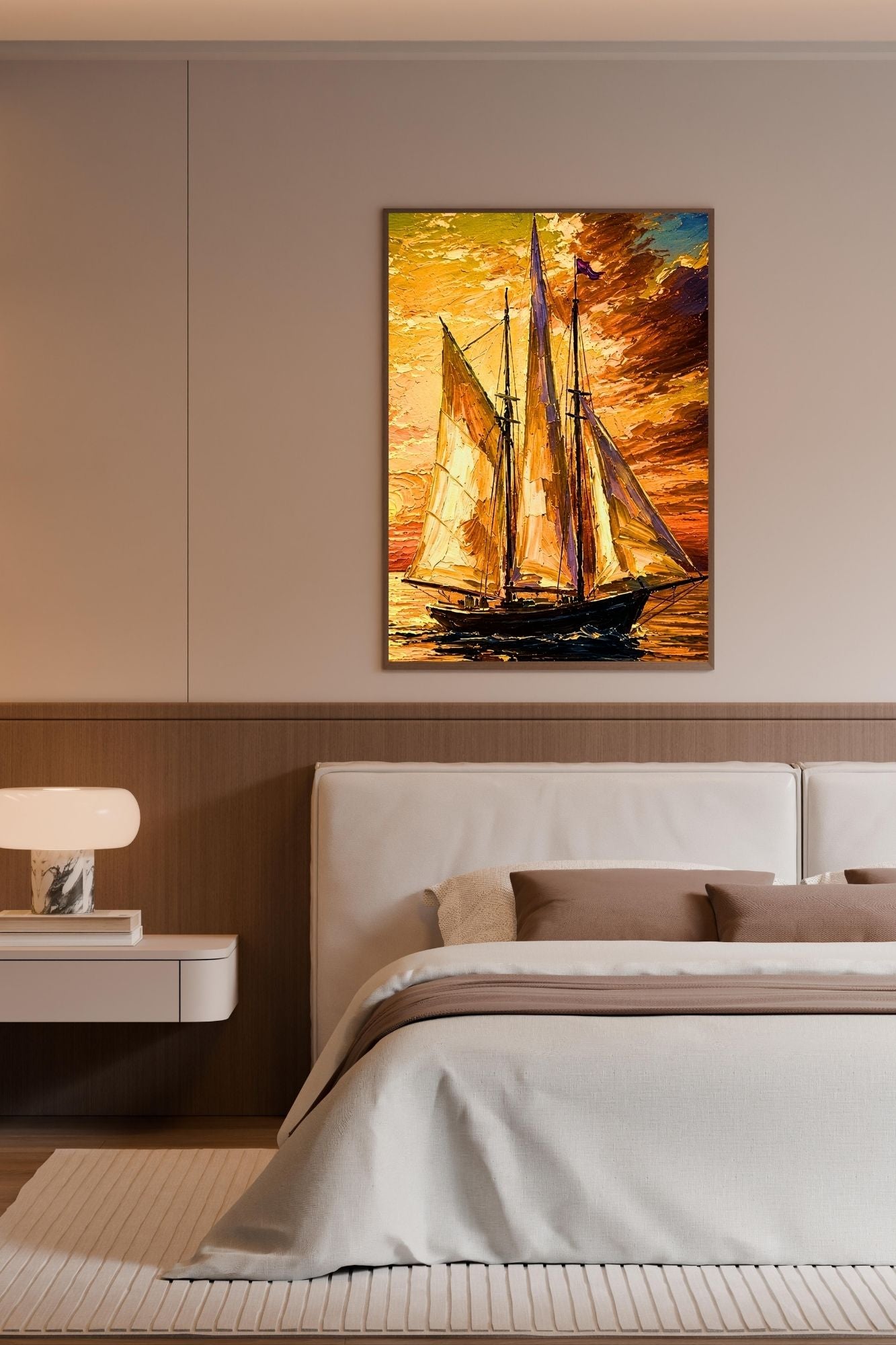 Golden Evening Voyage | Impressionist Sailboat Sunset Wall Art | Coastal Ocean Painting | Giclée Print on Paper, Canvas, Wood & Metal