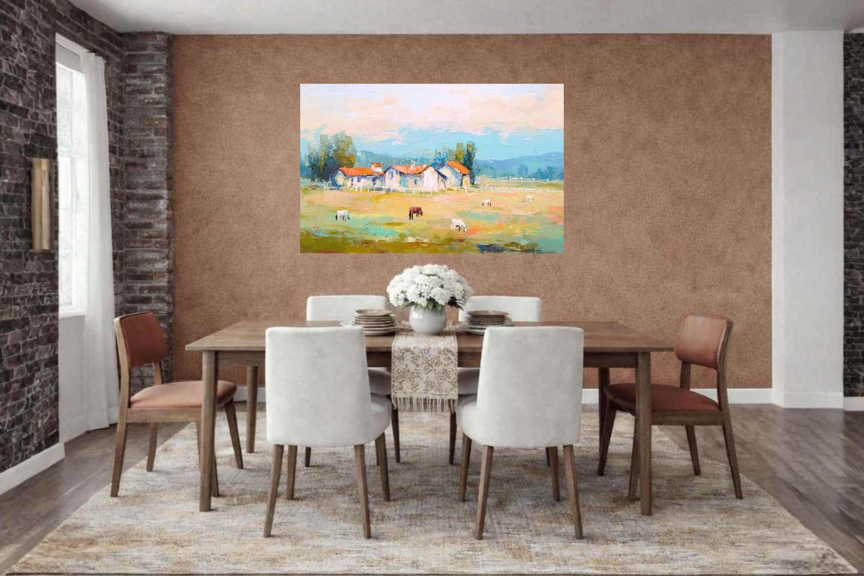 Tuscan Horse Farm at Dusk| Equestrian Print |Impressionist Art| Landscape Print| Giclée on Canvas, Wood, Metal, Fine Art Paper