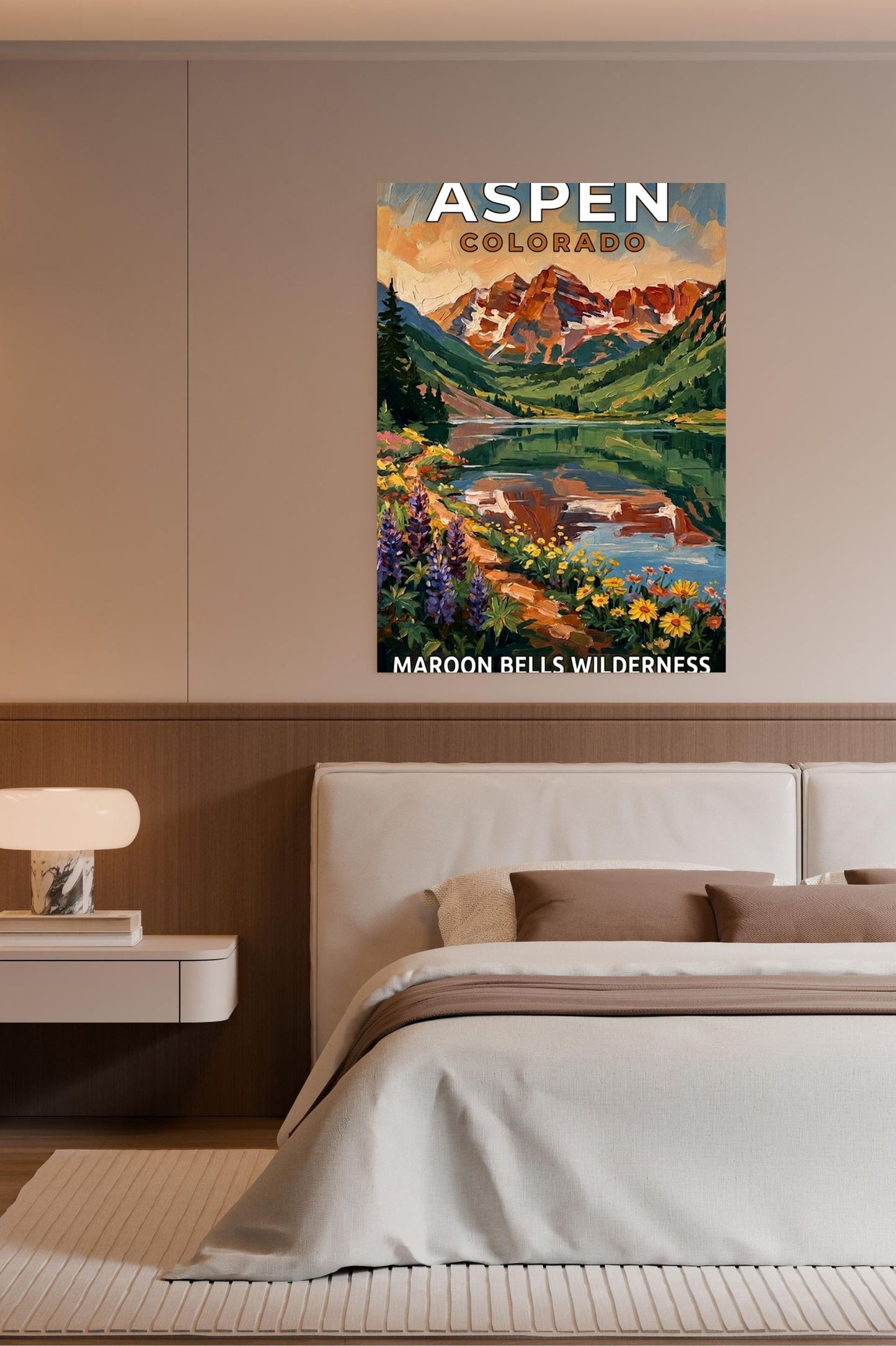 Aspen Colorado – Maroon Bells Wilderness | Mountain Lake Travel Poster | Impressionist Rocky Mountain Wall Print| Giclée Canvas, Metal, Wood & Paper Print