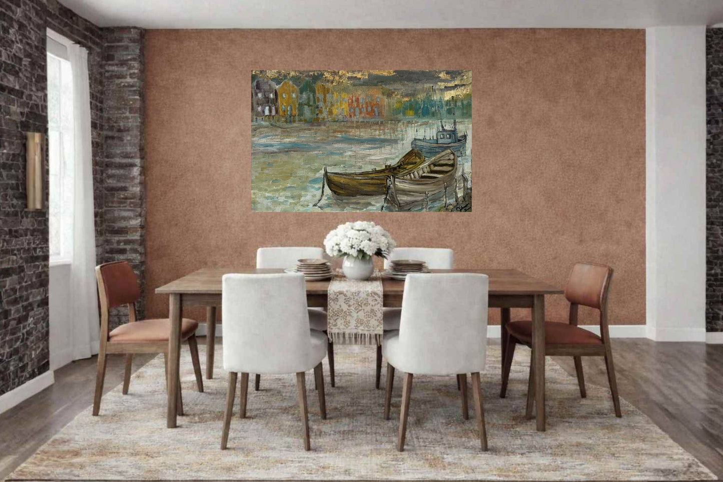 Rainy Harbor | Original Teresa Johnson Coastal Harbor Painting | Fishing Boats & Waterfront Village | Giclée Paper • Wood • Metal • Canvas