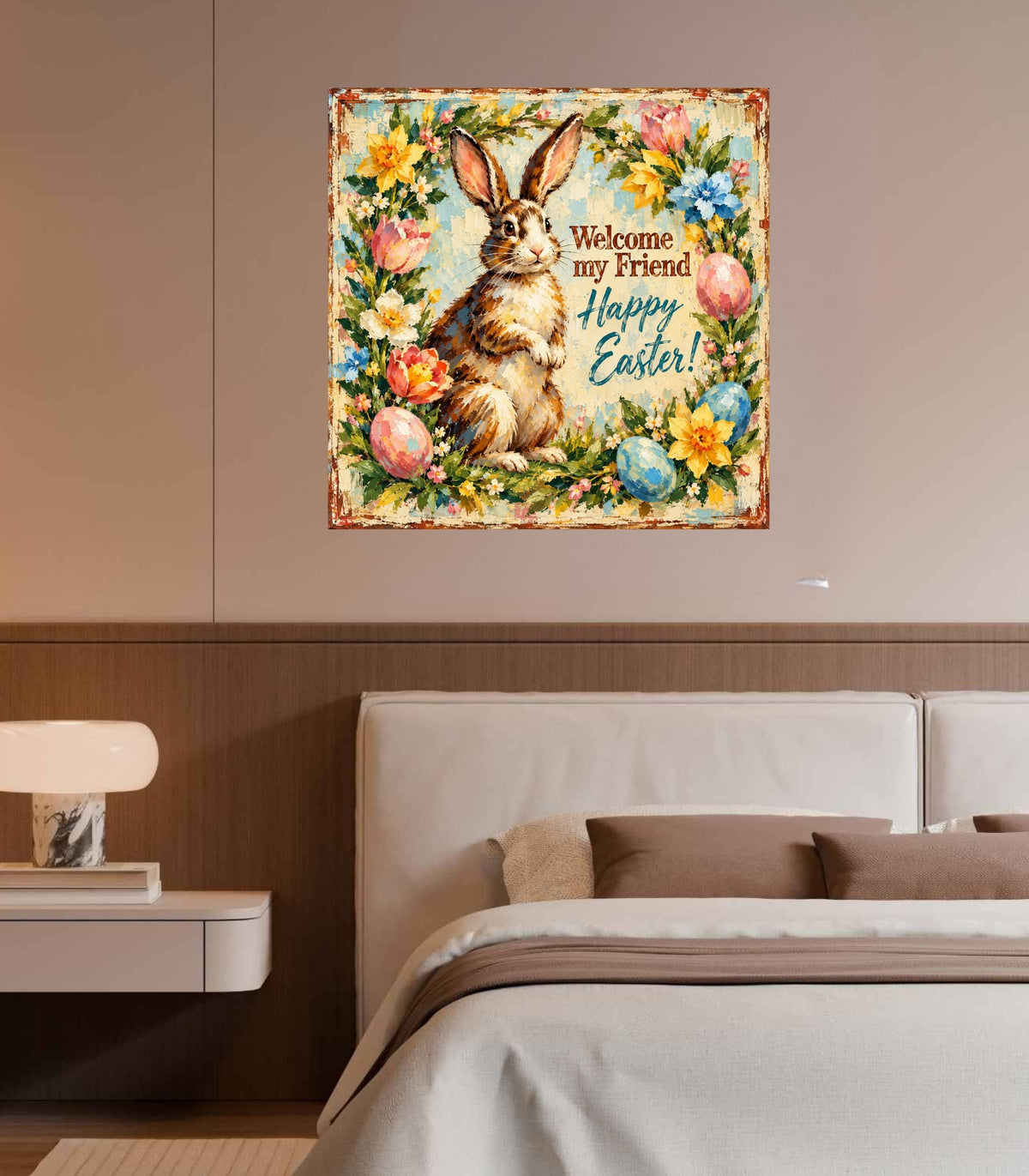 Vintage Welcome My Friend Easter Bunny| Giclee Prints, Canvas, Wood, or Metal Art