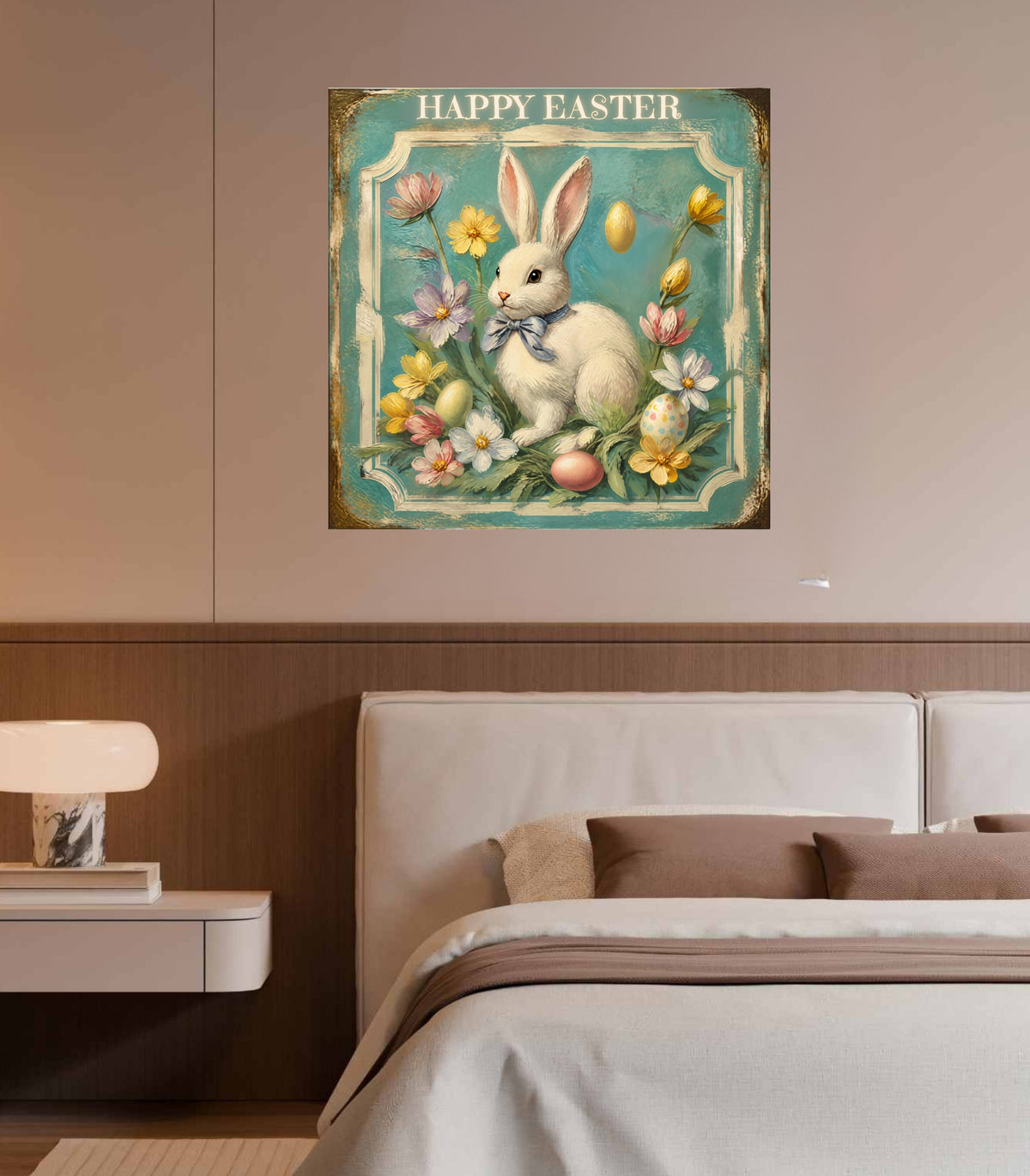 Happy Easter Bunny Art| Vintage Style Midcentury Flower Design| Giclee Paper- Wood- Metal- Canvas