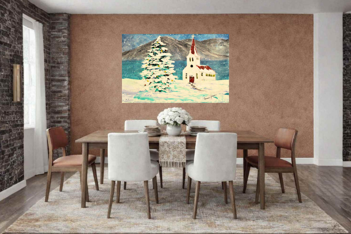 Church In the Rockies| Christmas Tree in Snow art| Giclee Paper- Wood- Metal- Canvas