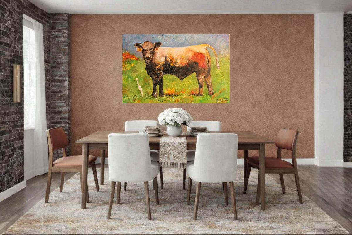 White Egret and the Bull|Cattle Farm| Animal Art| Giclee Paper- Wood- Metal- Canvas
