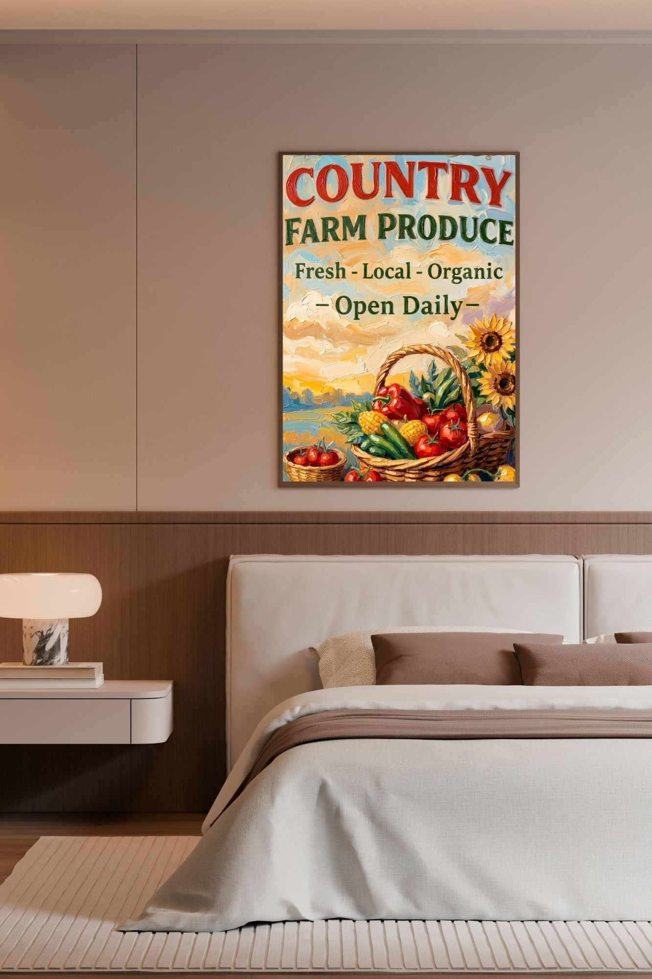 Country Farm Produce Sign | Fresh Local Organic Farm Market Wall Art | Rustic Farmhouse Kitchen Decor | Canvas, Wood, Metal &amp; Giclée Print