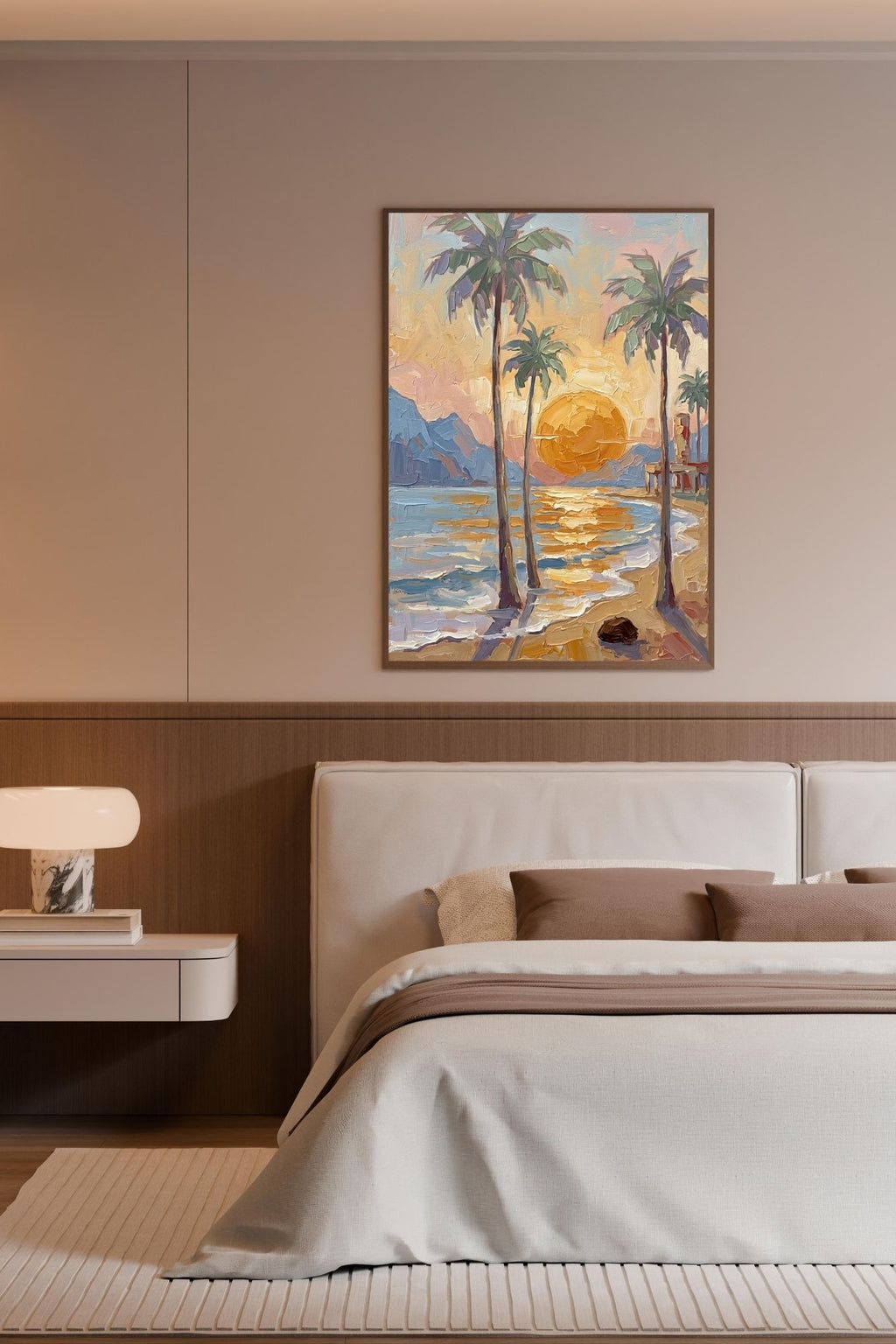 Tropical Sunset View | Impressionist Island Beach Wall Art | Coastal Palm Tree Painting | Giclée Print on Paper, Canvas, Wood & Metal